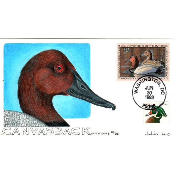 #RW60 1993 Federal Duck cover Hand Drawn & Painted David Dube cachet First Day cover