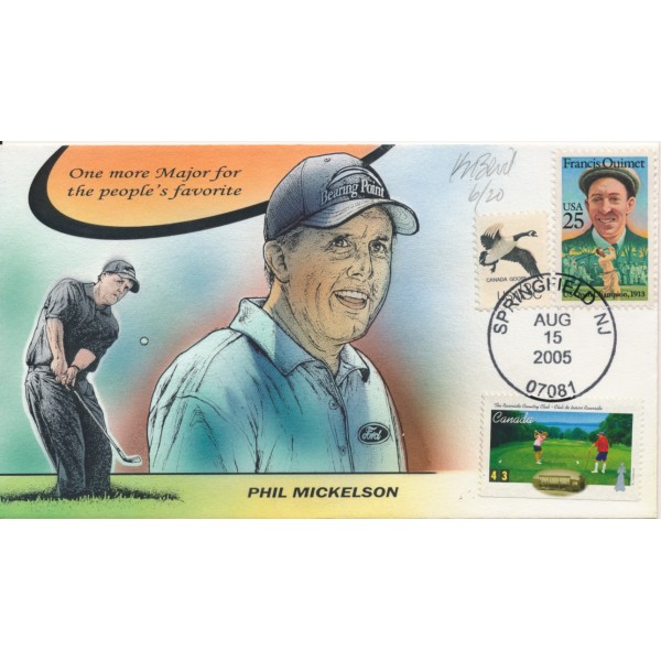 Phil Mickelson one more Golf Major Painted Bevil cachet 20 made Stamp Variety