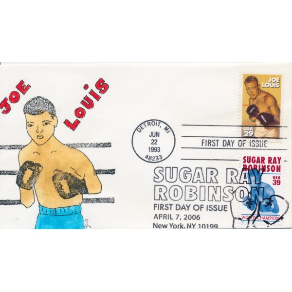 #2766 Joe Lewis & Sugar Ray Robinson Boxing Therome cachet First Day cover dual