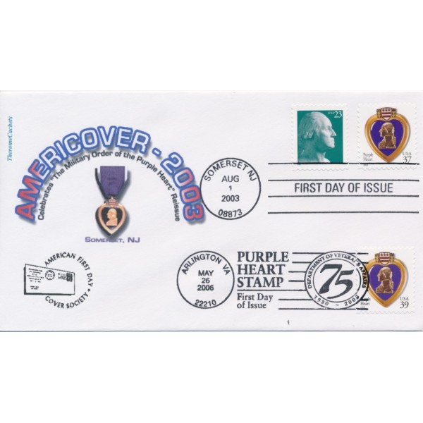 #3784 & #4032 Purple Heart combo AMericover 2003 Therome cachet First Day cover Dual FDC