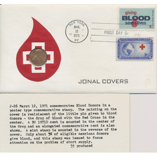 #1425 Giving Blood saves lives Hand Painted Jonal PNC cachet First Day cover #J26 1 of 2 stamp combo Int. RC #1016