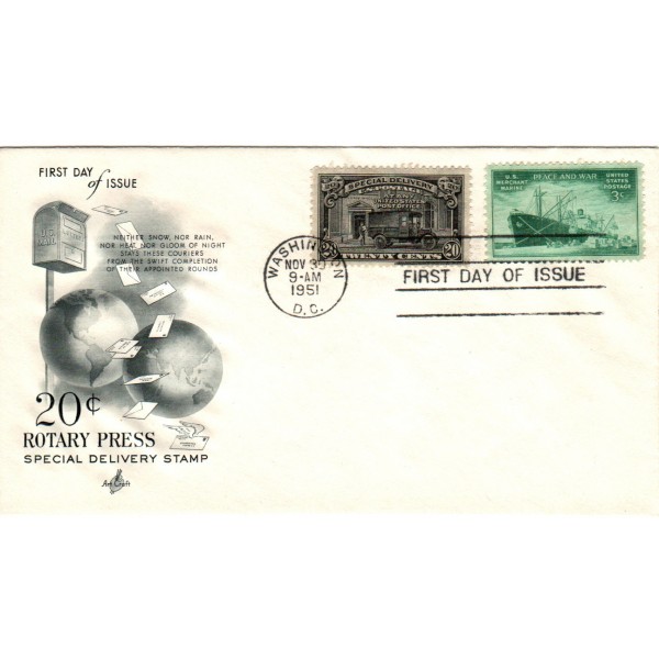 #E19 20c Special Delivery Post Office Truck combo US Merchant Marine Artcraft cachet First Day cover