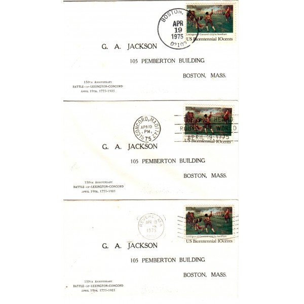 #1563 Battle of Lexington & Concord lot of 5 Barry Newton cachet First Day covers different cancels
