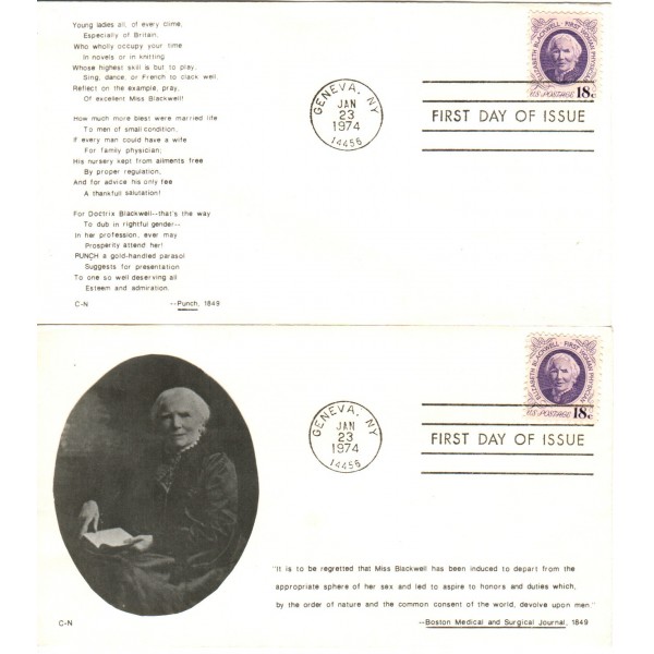 #1399 Elizabeth Blackwell lot of 2 C-N cachet First Day covers