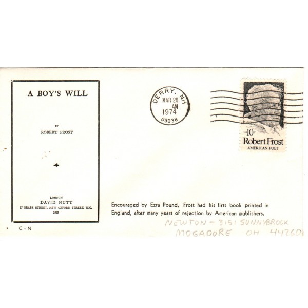 #1526 Robert Frost Poet C-N cachet First Day cover unofficial Derry New Hampshire cancel