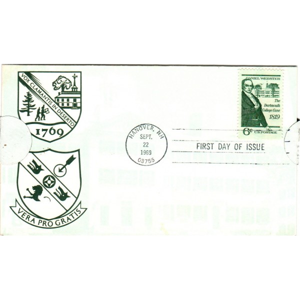 #1380 Daniel Webster Dartmouth College Case 1st John Scotford, Jr cachet First Day cover fold out