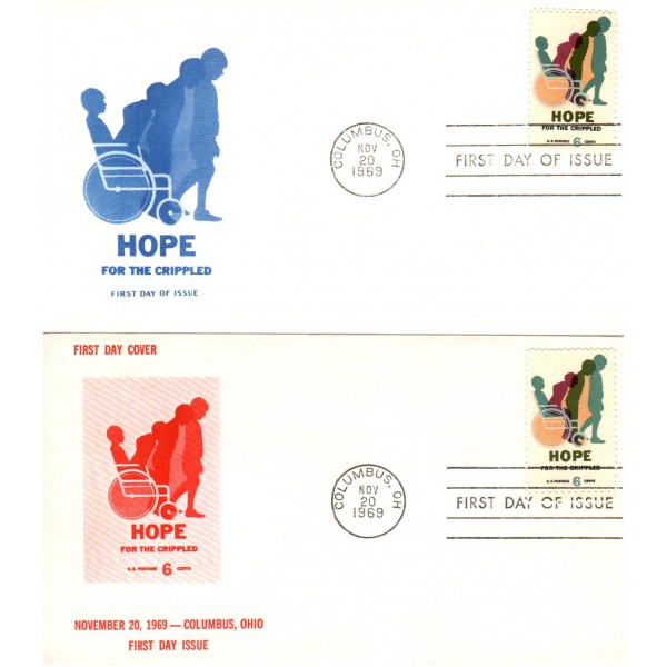 #1385 Hope for the Crippled Red & Blue varieties 1st Maxi cover cachet First Day covers