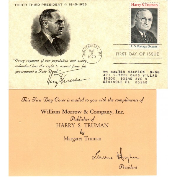 #1499 Harry S. Truman 1st William Morrow CO cachet First Day cover with enclosure