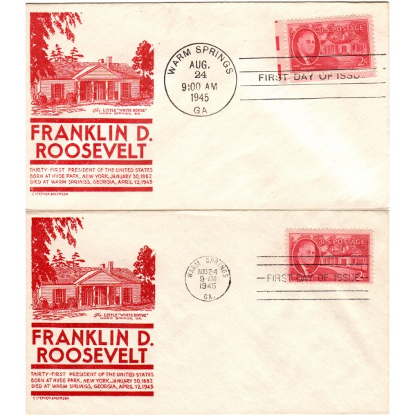#931 Franklin D. Roosevelt set of 2 Anderson Red cachet First Day covers both cancels