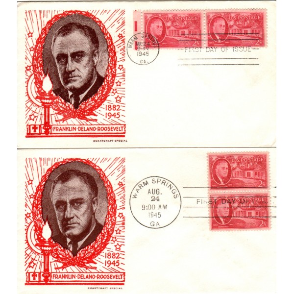 #931 Pairs Franklin D. Roosevelt set of 2 Smartcraft Special cachet First Day covers both cancels