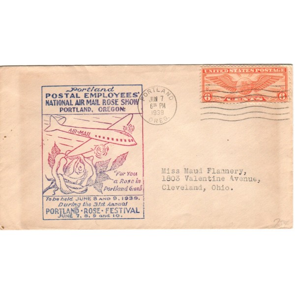 #C19 6c Winged Globe 6/7/1939 Portland Oregon Postal Employee Rose Show Air mail