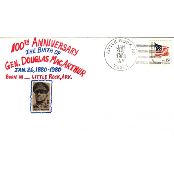 Hand Drawn event cover 100th Anniversary of General Douglas MacArthur Litle Rock Arkansas 1/26/1980