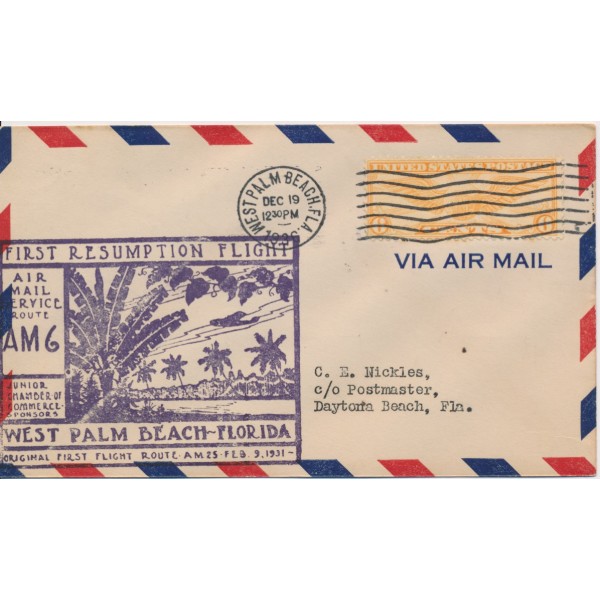 #c19 6c Winged Globe First Flight AM 25 Resumption Route AM6 West Palm Beach Beach Florida 12/19/1936 nickles address