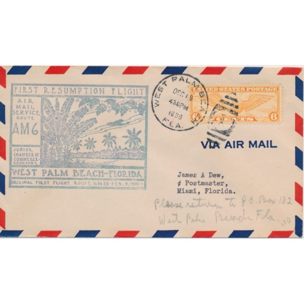 #c19 6c Winged Globe First Flight AM 25 Resumption Route AM6 West Palm Beach Beach Florida 12/19/1936 Green cachet