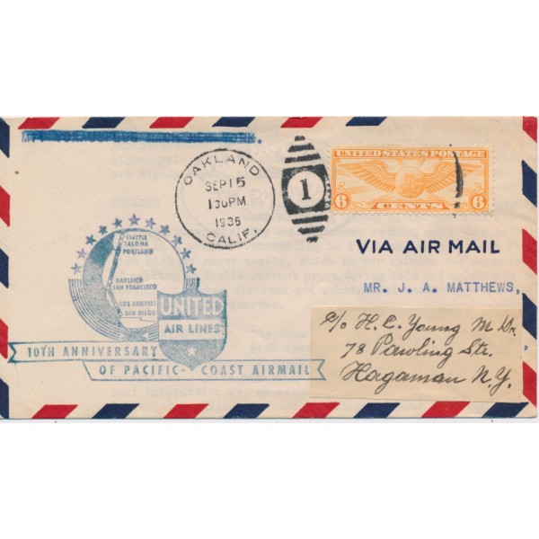 #c19 6c Winged Globe 10th Anniversary of Pacific coast Airmail United Airlines 9/15/1938 Oakland CA cancel