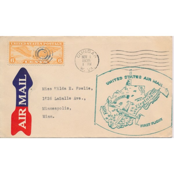 #c19 6c Winged Globe First Flight 11/1/1935 Dunbar West Virginia Airmail arrow label