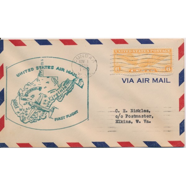 #c19 6c Winged Globe First Flight 11/1/1935 Dunbar West Virginia Airmail border & Nickles Address in Elkins WVA