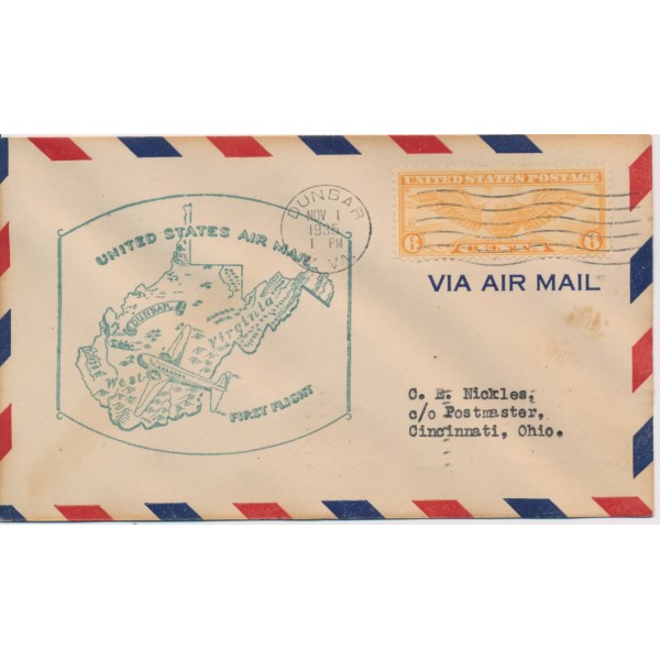 #c19 6c Winged Globe First Flight 11/1/1935 Dunbar West Virginia Airmail border & Nickles Address in Cincinnati Ohio