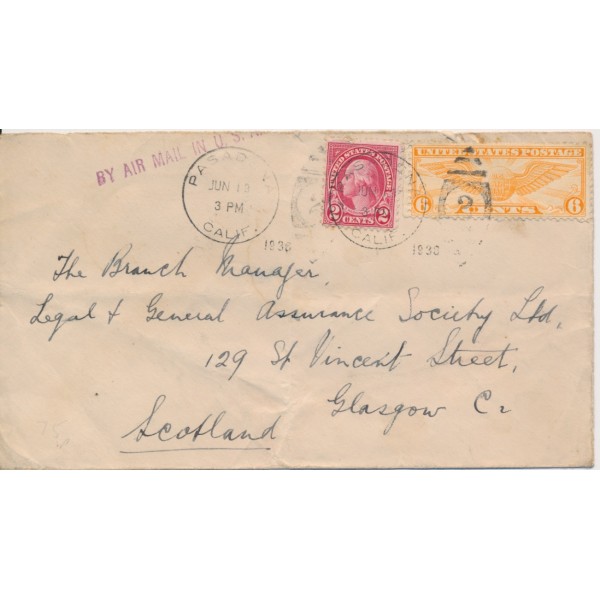 #c19 6c Winged Globe & 2c Washington to Scotland from Pasedena CA by airmail 6/19/1936 cover damaged creased