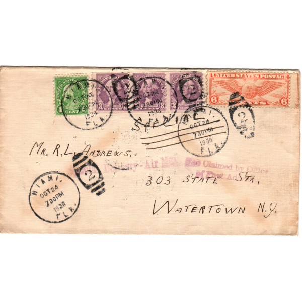 #c19 6c Winged Globe & 3c Washington strip of 3 & 1c Franklin combo Special Delivery Airmail Maimi Florida 10/24/1938