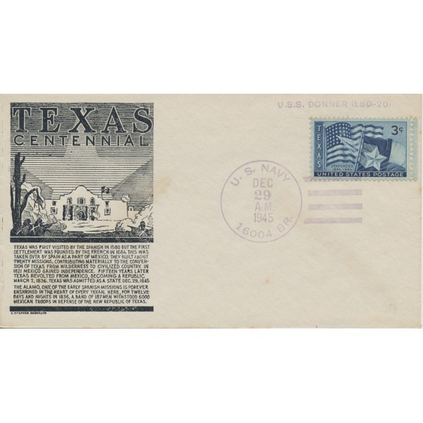 #938 Texas Centennial Anderson cachet First Day cover US Navy 16004 Br. USS Donner unofficial cancel