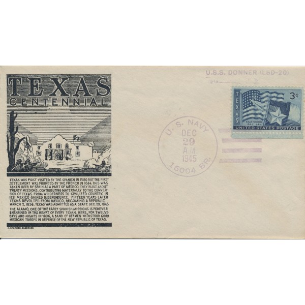 #938 Texas Centennial Anderson cachet First Day cover U/O USS Donner LSD-20
