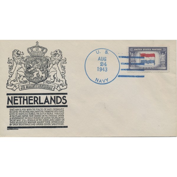 #913 Netherlands Over-run country Anderson cachet First Day cover U/O USS Marlin Naval cancel