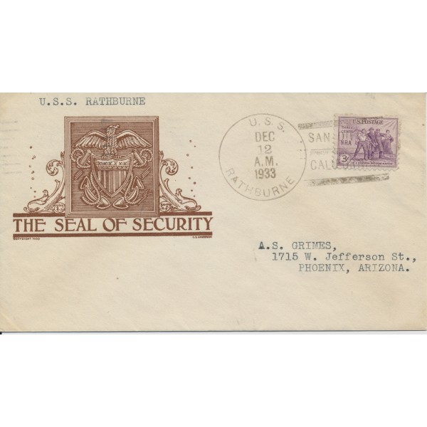Naval Cover Anderson cachet Seal of Security USS Rathburne San Diego California 12/12/1933