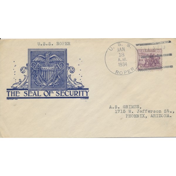 Naval Cover Anderson cachet Seal of Security USS Roper San Diego California 1/18/1934