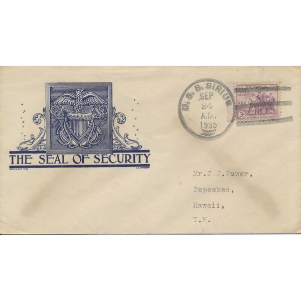 Naval Cover Anderson cachet Seal of Security USS Sirius 9/24/1935