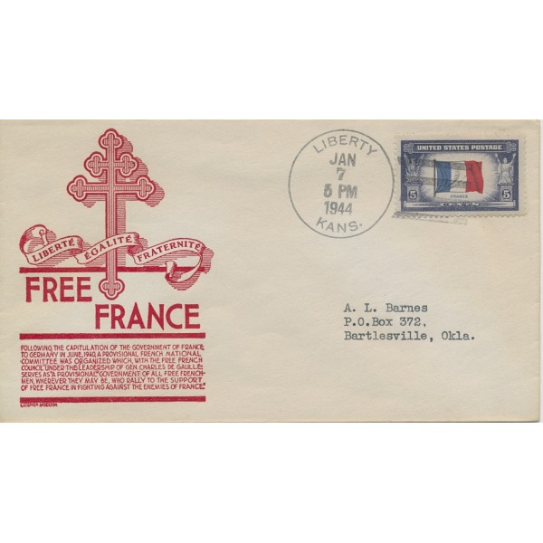 World War II Patriotic cover Anderson cachet Liberty KS 1/7/1944 France Over-run countries
