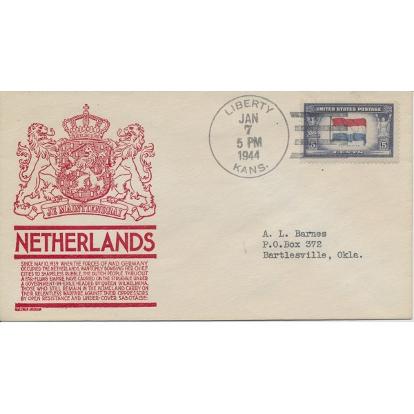 World War II Patriotic cover Anderson cachet Liberty KS 1/7/1944 Netherlands Over-run countries