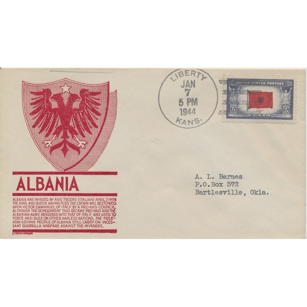 World War II Patriotic cover Anderson cachet Liberty KS 1/7/1944 Albania Over-run countries