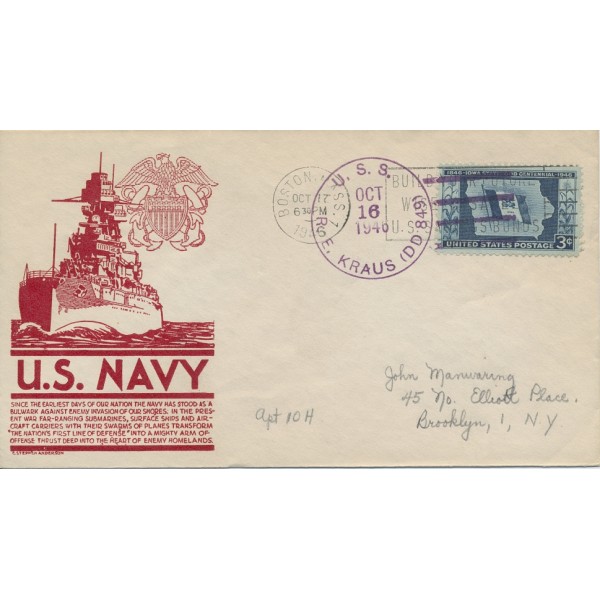 Naval cover Anderson cachet US Navy design USS R. E. Kraus DD 849 10/16/1946