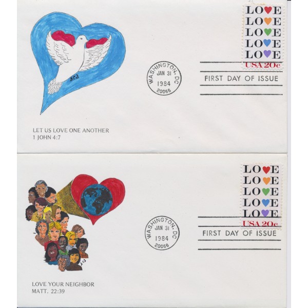 #2072 Love 20c set of 2 1st Hand Colored Agape cachet First Day cover
