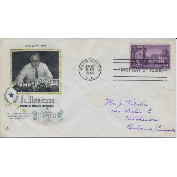 #932 Franklin D. Roosevelt Hand Colored Artcraft cachet First Day cover 