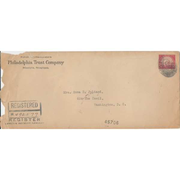 20c Golden Gate Stamp on Philadelphia Trust company advertising cover Registered us return receipt desired roughly opened left side the back wax seal is crumbling as well