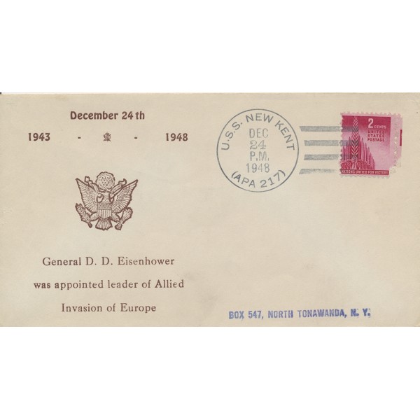 Naval cover 12/24/1948 USS New Kent APA 217 General Dwight D. Eisenhower Leader of Allied Invasion of Europe