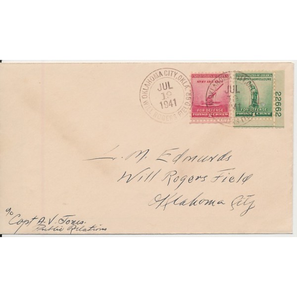 July 19 1941 cover canceled with the Will Rogers Field Branch registered cancel Scarce Occassionally used July 1941 stop in august only for PO Money Orders & Registered Mail from field